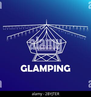 Glamping oder Camping mit Zelt-Ikone und Glühbirne in weißen Farben, isoliert Phantom blauen Hintergrund. Komfort, WLAN. Vektor EPS 10. Stock Vektor