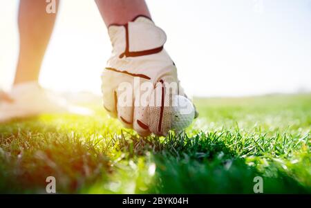 Hand Putting Golfball auf Tee im Golfplatz bei Sonnenuntergang, Sonnenaufgang Zeit. Golf-Konzept Stockfoto