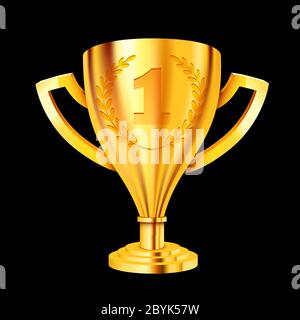 Realistische Goldene Trophäe auf schwarzem Hintergrund. Vektorgrafik Stock Vektor