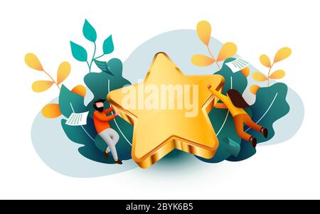 Menschen fliegen um goldenen Riesenstern herum. Bewerten, Qualität oder Feedback-Konzept. Moderne flache Vektorgrafik. Stock Vektor