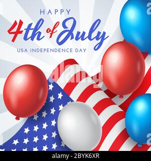 US Independence Day Banner, Poster oder Grußkarte mit Nationalflagge und Ballons auf blauem Hintergrund, Vektor-Illustration Stock Vektor