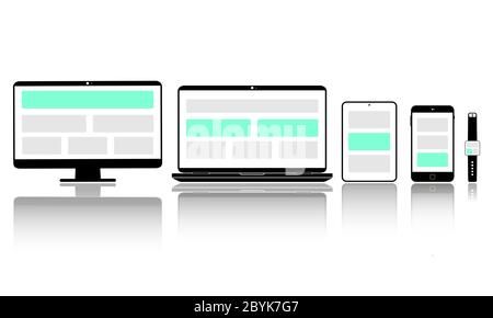 Neues Gerätesymbol in schwarz: Smartphone, Laptop, Computermonitor, Tablet und Smart Watch auf isoliertem weißem Hintergrund. Vektor EPS 10 Stock Vektor