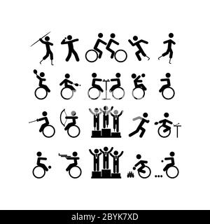 Para-Athlet Symbol in schwarz oder Menschen mit Behinderungen auf isoliertem weißem Hintergrund gesetzt. Sportwettkämpfe. EPS 10 . Stockfoto