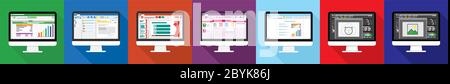Tabellenkalkulation, E-Mail, Präsentation, Wort, Bild-Editor Software-Programm auf Computer-Bildschirm flaches Symbol. Office-Dinge für Planung und Buchhaltung Stock Vektor