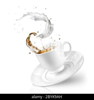 Spritzen der Tee mit Milch in die fallenden Tasse isoliert auf weiss Stockfoto