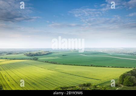 Blick über das Vale of Pewsey in Wiltshire von Knapp Hill. Stockfoto