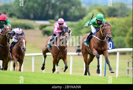 Boughtinthebark und Jockey James Doyle gewinnen das Navan Handicap (45-65) (Div 1) auf der Navan Racecourse, County Meath, Irland. Stockfoto