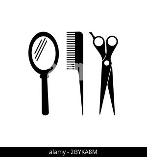 Kamm, Spiegel, Schere Icon Vektor Logo Design schwarzes Symbol isoliert auf weißem Hintergrund. Vektor EPS 10 Stock Vektor