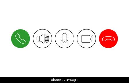 Satz von Kommunikationssymbolen. Telefon, Ton, Mikrofon, Kamera, Anrufersymbole auf isoliertem weißem Hintergrund für Anwendungen, Web, App. Vektor EPS 10. Stock Vektor