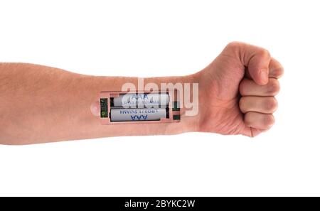 Roboter - legen Sie die Batterie in den arm Stockfoto