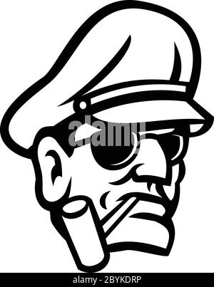Maskottchen-Symbol Illustration der Büste einer Armee General rauchen eine Pfeife von vorne auf isolierten Hintergrund in Retro-schwarz-weiß-Stil gesehen. Stock Vektor