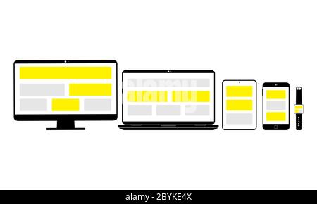 Neues Gerätesymbol in schwarzem Smartphone, Laptop, Computermonitor, Tablet und Smart Watch auf isoliertem weißem Hintergrund. Vektor EPS 10 Stock Vektor