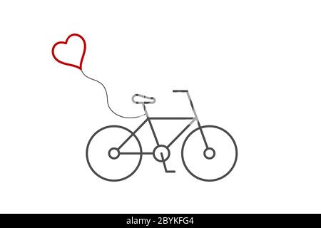 Fahrrad mit rotem Herz-Ballon. Symbol „Linie“. Valentinstag Kartenidee. Niedliches Fahrrad mit fliegendem Herzen. T-Shirt-Design. Liebe, Hochzeit, romantische Idee Stock Vektor