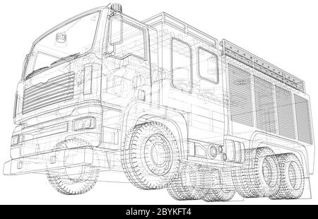 Vektor der Fire Engine. Feuerwehrauto. Drahtrahmen. Die Schichten von sichtbaren und unsichtbaren Linien werden getrennt. EPS10-Format. Stock Vektor