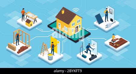 Hausbau und Renovierung professionelle Dienstleistungen: Architekt, Baumeister, Elektriker, Floorist, Klempner und Maler, isometrische Infografik Stock Vektor