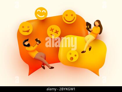 Kleine Leute fliegen um Chat Blasen und Emoji Zeichen. Sprechende Paare. Online Messenger Konzept. Vektorgrafik. Stock Vektor