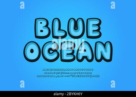 Blue Ocean Alphabet Retro 3d Schrift. Cartoon Bubble Font, Groß- und Kleinbuchstaben, Zahlen, Symbole. Vektorgrafik. Stockfoto