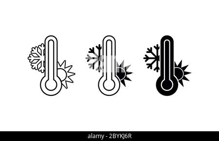 Thermometer zur Messung von Hitze und Kälte, mit Symbolen für Sonne und Schneeflocke auf isoliertem weißem Hintergrund. Vektor EPS 10. Stock Vektor