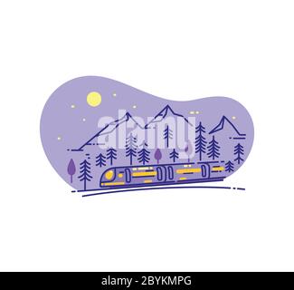 Flache Liniendarstellung mit wilder Landschaft und Zug. Stock Vektor