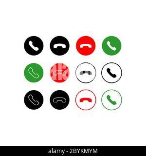 Symbole für Anruf annehmen und ablehnen Tasten setzen ja nein mit Silhouetten des Mobilteils. Gesprächsannahme auf isoliertem weißem Hintergrund. Vektor EPS 10. Stock Vektor