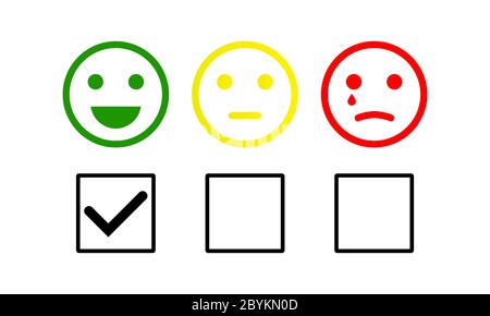 SMIL Checkliste oder Smiley Emoticons Symbol positiv, neutral und negativ. Feedback zur Qualität des Kundenservice auf weißem Hintergrund isoliert. Vektor EPS 10. Stock Vektor