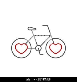 Fahrrad mit herzförmigen Reifen. Symbol „Linie“. Liebe zum Radfahren und gesunder Lebensstil. Niedliches graues Fahrrad mit roten Herzen. Valentinskarte Konzept. Stock Vektor