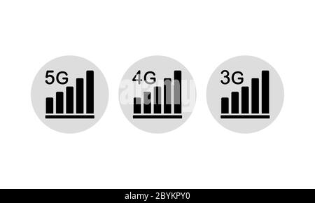 5G, 4G, 3G-Symbolsatz oder neue Mobilfunktechnologie und Smartphone-Netzwerksymbol auf isoliertem weißem Hintergrund. Vektor EPS 10. Stock Vektor