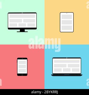 Neues Gerätesymbol flach in schwarzem Smartphone, Laptop, Computer-Monitor, Tablet auf isolierten Hintergrund gesetzt. Vektor EPS 10 Stock Vektor