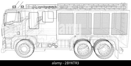 Vektor der Fire Engine. Feuerwehrauto. Drahtrahmen. Die Schichten von sichtbaren und unsichtbaren Linien werden getrennt. EPS10-Format. Stock Vektor