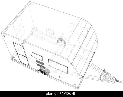 Wohnmobil-Anhänger Isoliert. 3D-Rendering. Drahtrahmen. Die Schichten von sichtbaren und unsichtbaren Linien werden getrennt. EPS10-Format. Stock Vektor