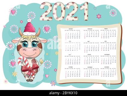 Weißer Ochenkalender oder Planer für 2021 mit Cartoon Bull, Neujahr-Symbol, Cover und 12 monatlich Stock Vektor