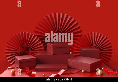 Red Podien Geschenke Box für Show Luxus-Produkte Verpackung Präsentation mit abstraktem China Papier Hintergrund und goldene Kugel auf dem Boden, 3D-Render Stockfoto