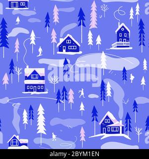 Winterdorf Landschaft. Vektor nahtloses Muster. Stock Vektor