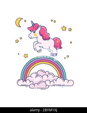 Flache Illustration mit niedlichem Einhorn und Regenbogen Stock Vektor
