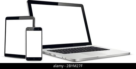 Gadgets wie Smartphone, digitales Tablet und Laptop, leere Bildschirme mit Copyspace Stock Vektor