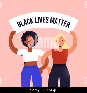 Schwarze Leben Materie Rallye, schwarze und weiße Frauen zusammen stehen in Protest gegen ungleiche Rechte, Rassismus und Polizeigewalt, Vektor-Illustration Stock Vektor