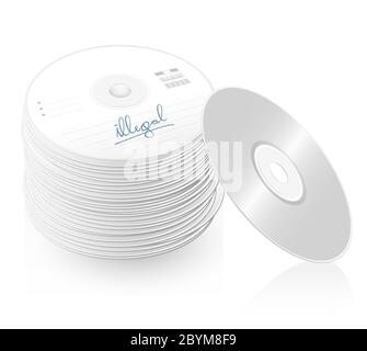 Illegale Kopie, Bootlegs, Piratenkopien, Stapel von CDs, Compact Disc Tower, viele DVDs - Abbildung auf weißem Hintergrund. Stockfoto