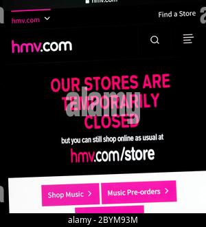 HMV.com,our Geschäfte sind vorübergehend geschlossen Online-Nachricht Stockfoto