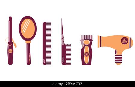 Friseur und Friseur flat Icon Set. Schönheitssalon. Kamm, Spiegel, Schere, Lockenstab, Klipper Design Symbol auf weißem Hintergrund. Vektor-Folge Stock Vektor