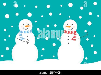 Zwei Schneemänner genießen den Schneefall in der Winterlandschaft. Vektorgrafik. Stock Vektor