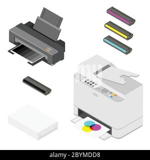 Isometrische Ansicht von Drucker, Papier und Patronen. Vektor Stock Vektor
