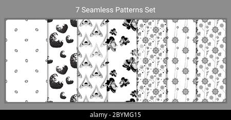 Set von 7 monochrome abstrakte florale nahtlose Muster. Stock-Vektor Stock Vektor