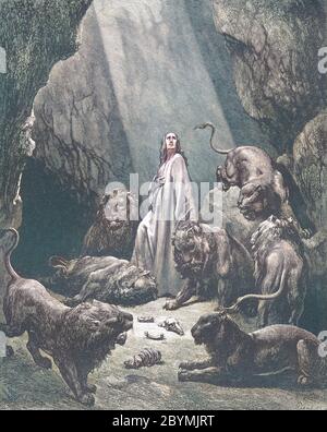 Machine Colorized (AI) Daniel in the Den of Lions Daniel 6:20-21 aus dem Buch 'Bible Gallery' illustriert von Gustave Dore mit Erinnerungen an Dore und beschreibende Buchpresse von Talbot W. Chambers D.D. Herausgegeben von Cassell & Company Limited in London und gleichzeitig von Mame in Tours, Frankreich im Jahr 1866 Stockfoto