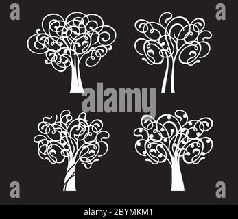 Set weißen dekorativen Baum des Lebens auf schwarzem Hintergrund. Silhouette Form mit Blättern. Vektorgrafik. Pflanze im Garten. Lizenzfreie Vektorgrafik Stock Vektor