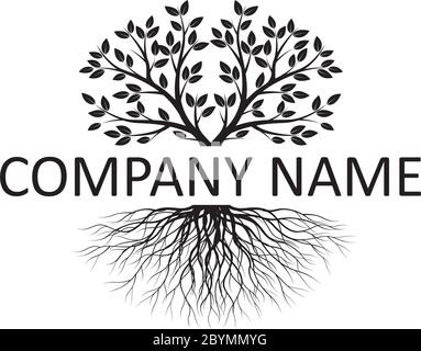 Baum des Lebens und Firmenname. Silhouette Form mit Blättern und Wurzeln. Vektorgrafik. Pflanze im Garten. Lizenzfreies Vektorobjekt. Stock Vektor