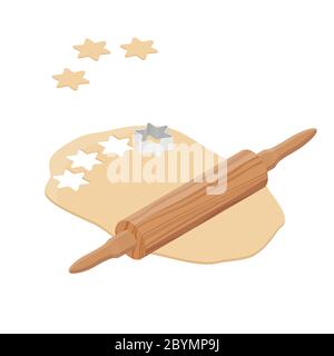 Teig vorbereiten, Plätzchen backen. Ausstecher aus Metall, Nudelholz und Teig. Isometrische Ansicht. Vektor Stock Vektor