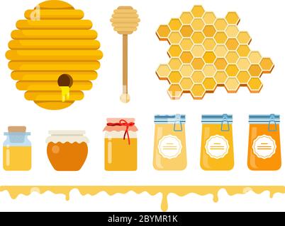 Glasgefäße mit Honig, ein Honigstock, Honig Holzkelle, Wabe und eine Honigschicht mit Streifen flach isoliert Stock Vektor