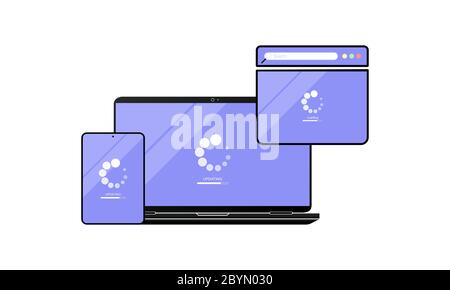 Seitenbrowser wird auf dem Bildschirm des Laptops in der oberen Ansicht geladen. Laptop, Desktop, Computer, Tablet mit Website-Seite-Symbol flach auf isolierten Hintergrund für Anwendungen Stock Vektor