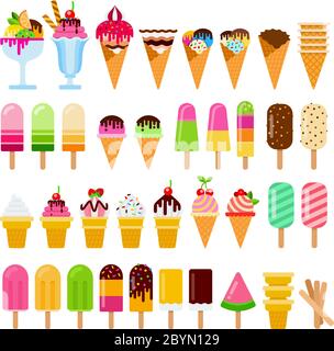 Set von Eis auf einem Stock in Waffelzapfen und in Geschirr Vektor flach isoliert Stock Vektor