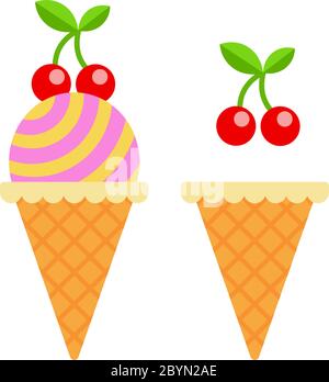 Waffelkegel mit Eiskugel und leerer Waffelkegel mit Kirsche Zweig flach isoliert Stock Vektor